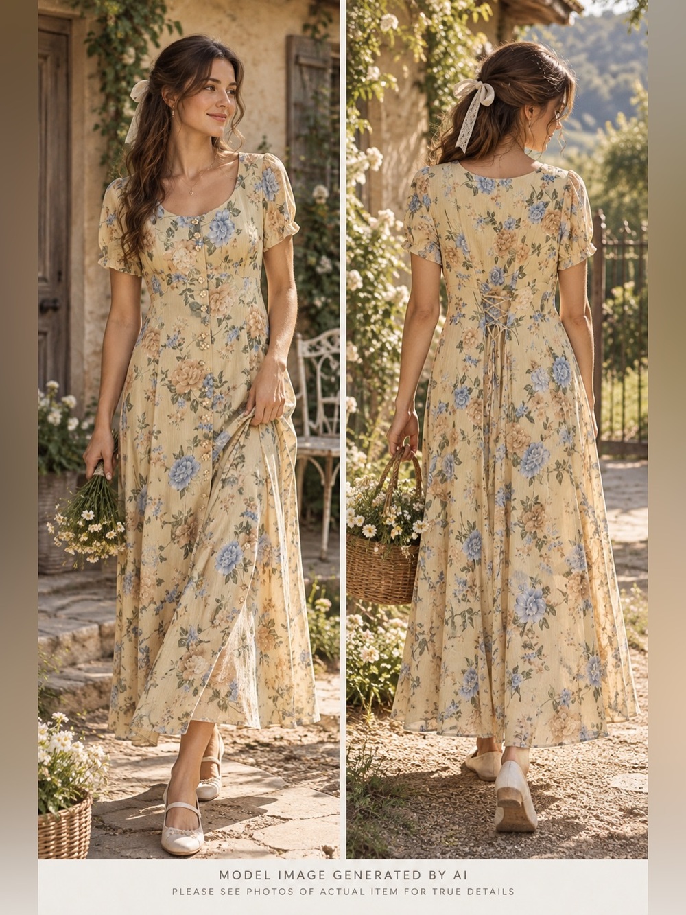 Vintage Floral Button Front Dress Corset Back‎ Feminine Prairie Milkmaid Cottage